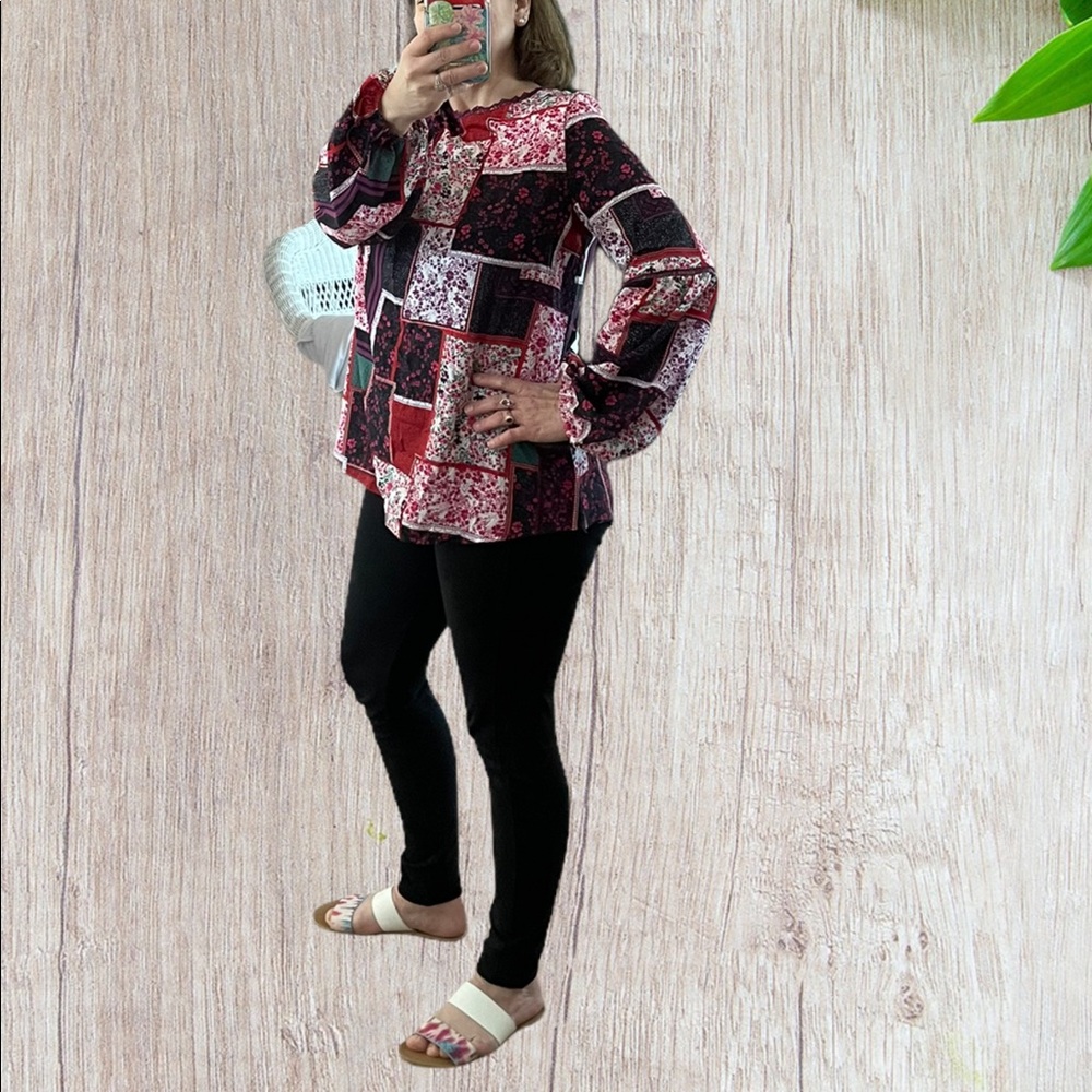 Rose Cottagecore Floral Print Patchwork Tunic Top - Picture 10 of 12